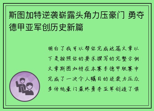 斯图加特逆袭崭露头角力压豪门 勇夺德甲亚军创历史新篇